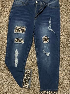 Dark Blue Boyfriend Jeans with Leopard Patch Accents